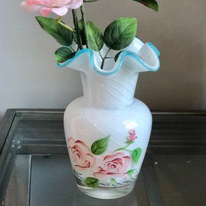 Vintage Fenton White Opalescent Swirl Vase w/Aqua Crest Ruffled Rim Vase Roses